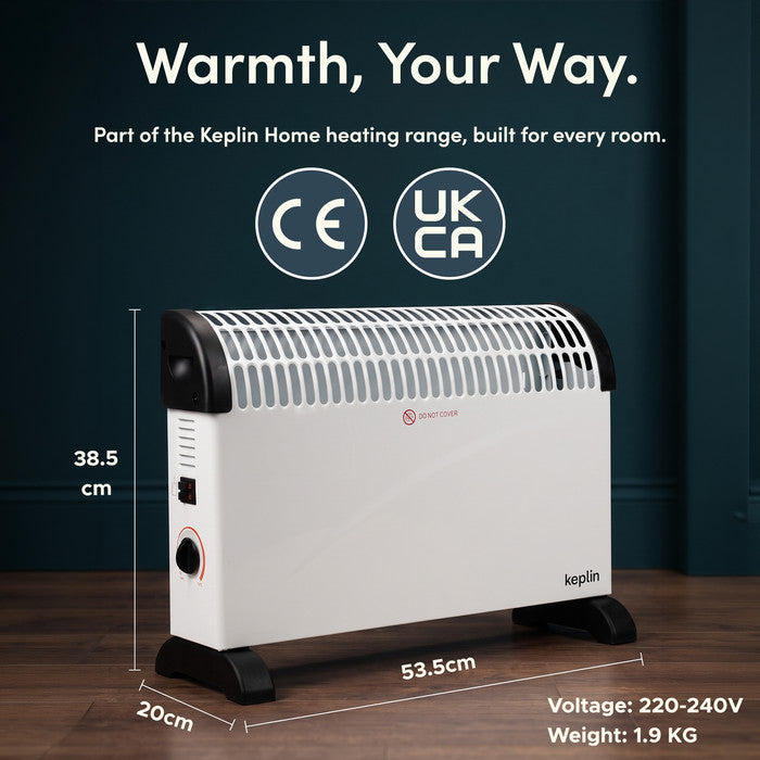 White convector heater dimensions – 38.5cm height, 53.5cm width, 20cm depth, 1.9kg, CE and UKCA certified