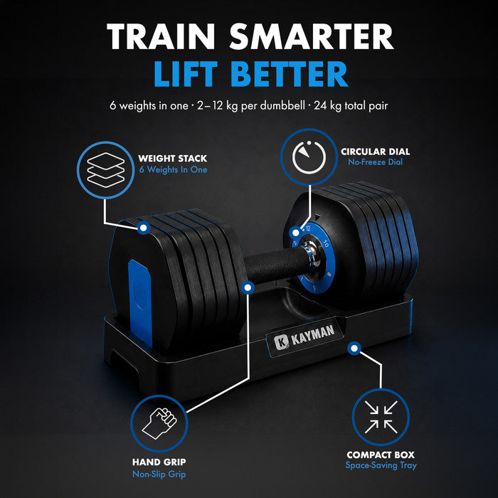 Kayman 24kg Adjustable Dumbbell Set (2x12kg Pair) — 12-in-1 Quick-Dial System with Safety Lock, 6 Weight Levels: 2/4/6/8/10/12kg per Dumbbell, Home Gym Strength Training