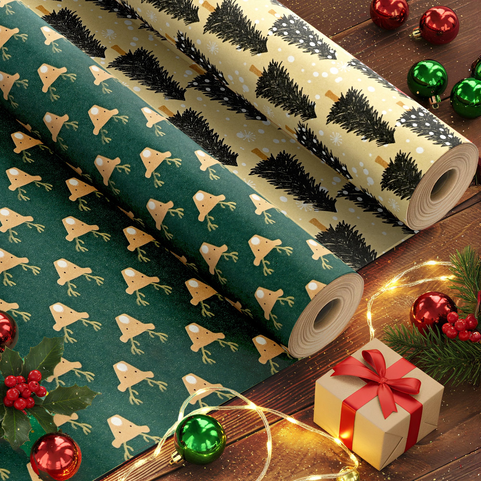 Kraft & Co 2 Pack Christmas Wrapping Paper Roll - Festive Designed Recyclable Kraft Paper, Perfect for Holiday Gifts, Arts & Crafts-Wrapping for a Merry Christmas (44.5cm x 25m)