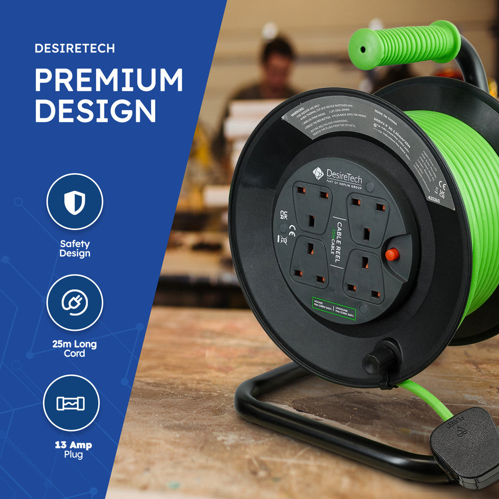 Desiretech Heavy-Duty Portable Cable Reel Extension Lead – 4 Shuttered Sockets, Thermal Cut-Out, Ergonomic Handle, Green/Black – Robust Extension Cord for Indoor Use – image 26