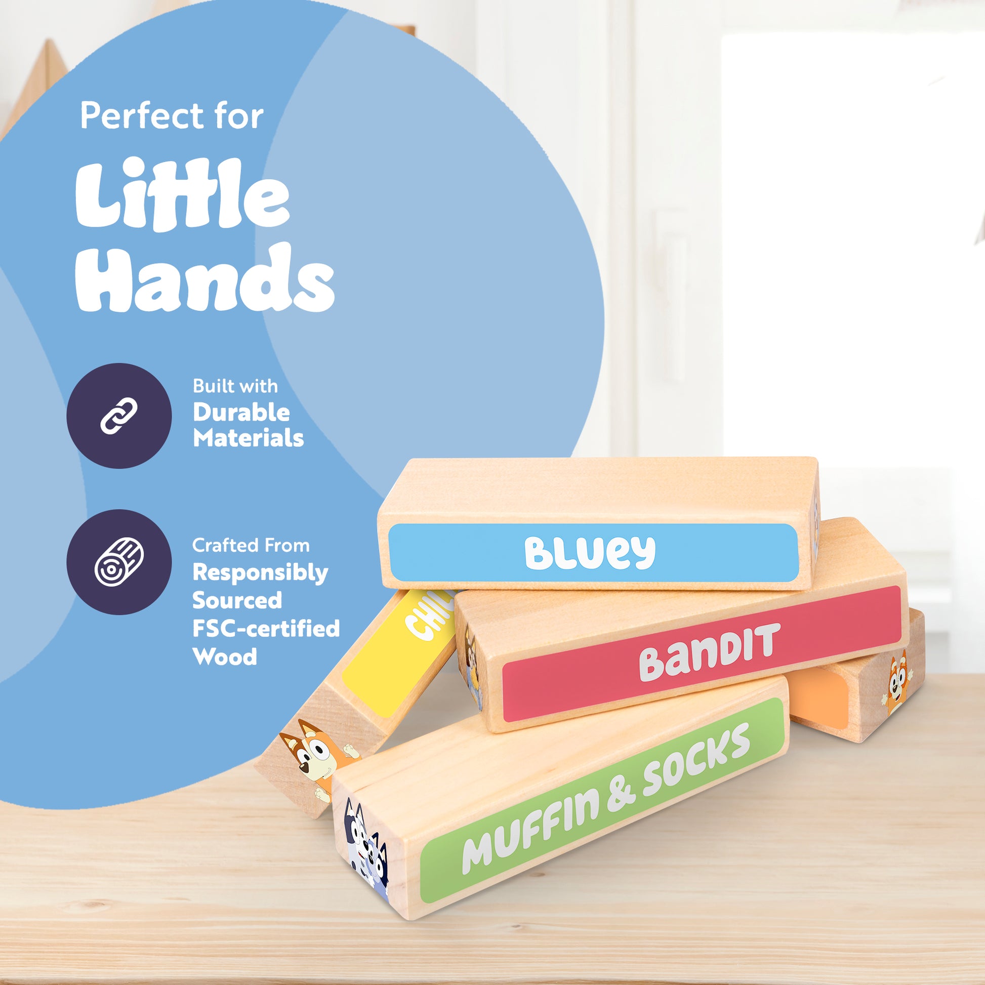 Bluey tumbling tower game – enhances hand-eye coordination and fine motor skills for children