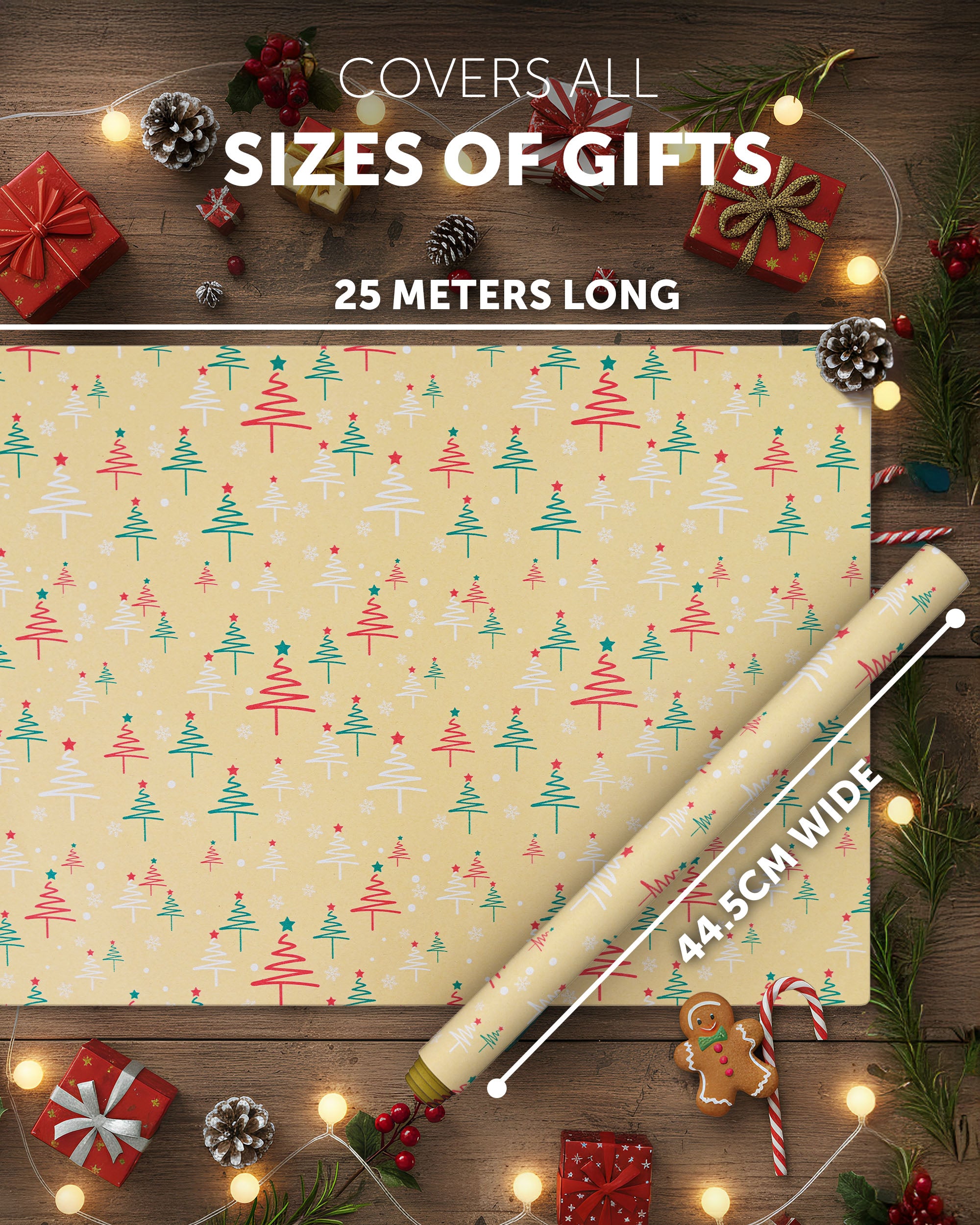 Kraft & Co 2 Pack Christmas Wrapping Paper Roll - Festive Designed Recyclable Kraft Paper, Perfect for Holiday Gifts, Arts & Crafts-Wrapping for a Merry Christmas (44.5cm x 25m)