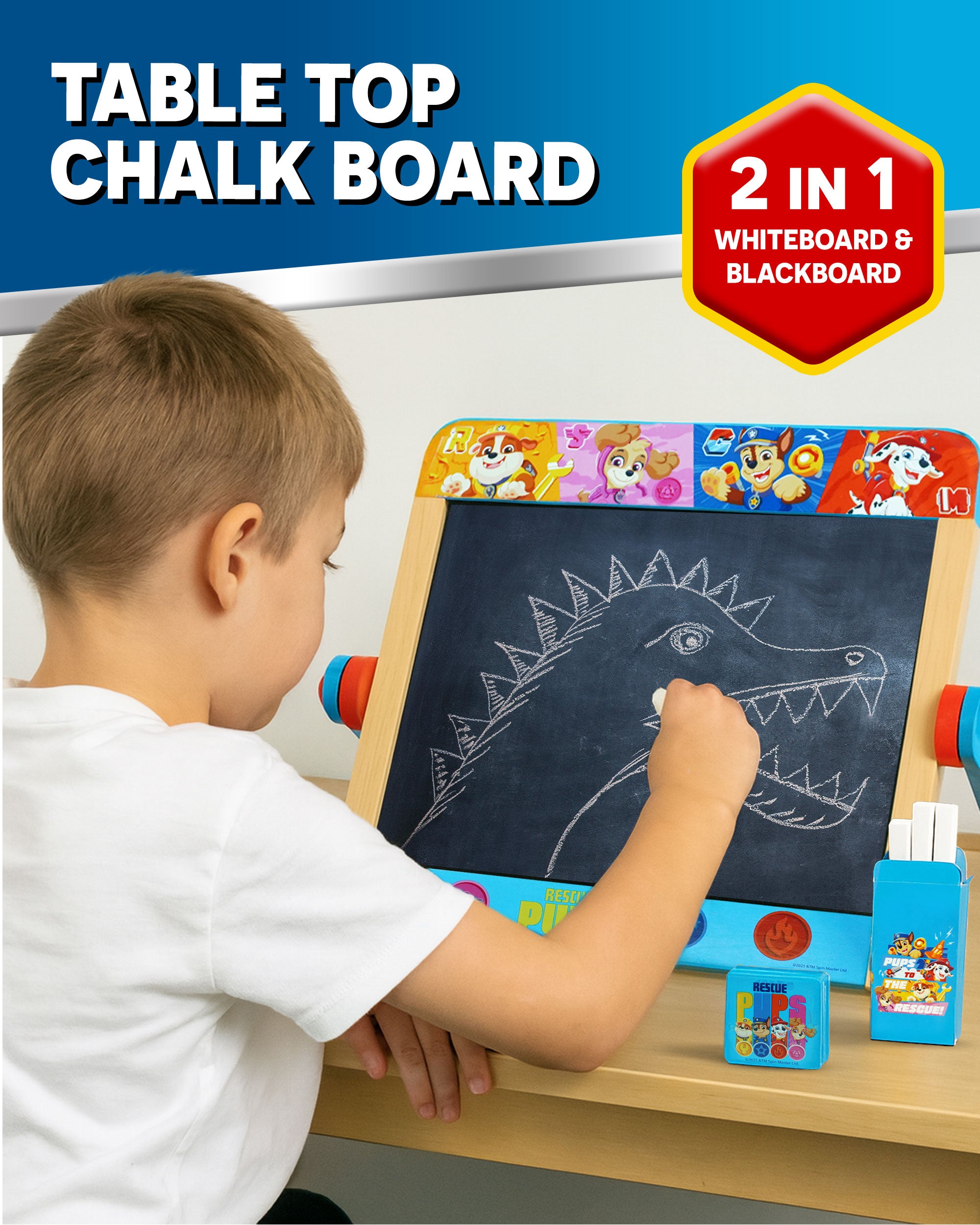 Paw Patrol Tabletop Easel for Kids – 2 in 1 Double-Sided Chalkboard and Whiteboard with Pen, Chalk & Eraser – Portable Drawing Board for Children