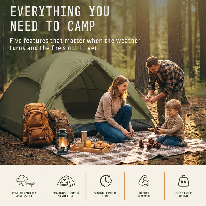 3 person camping tent pitched in forest, weatherproof windproof 3.3kg lightweight