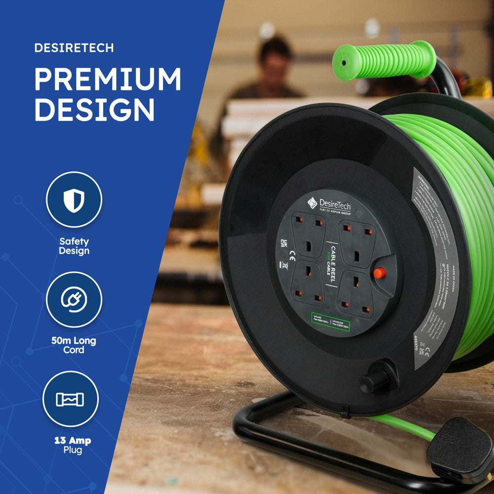 Desiretech Heavy-Duty Portable Cable Reel Extension Lead – 4 Shuttered Sockets, Thermal Cut-Out, Ergonomic Handle, Green/Black – Robust Extension Cord for Indoor Use