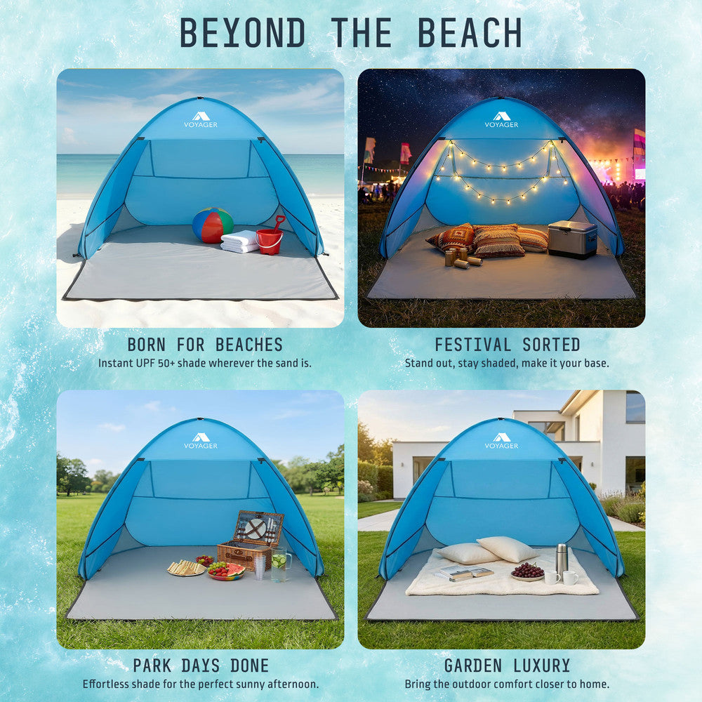 Blue pop-up beach shelter 180x140x110cm – spacious shade tent for adults and kids at the beach