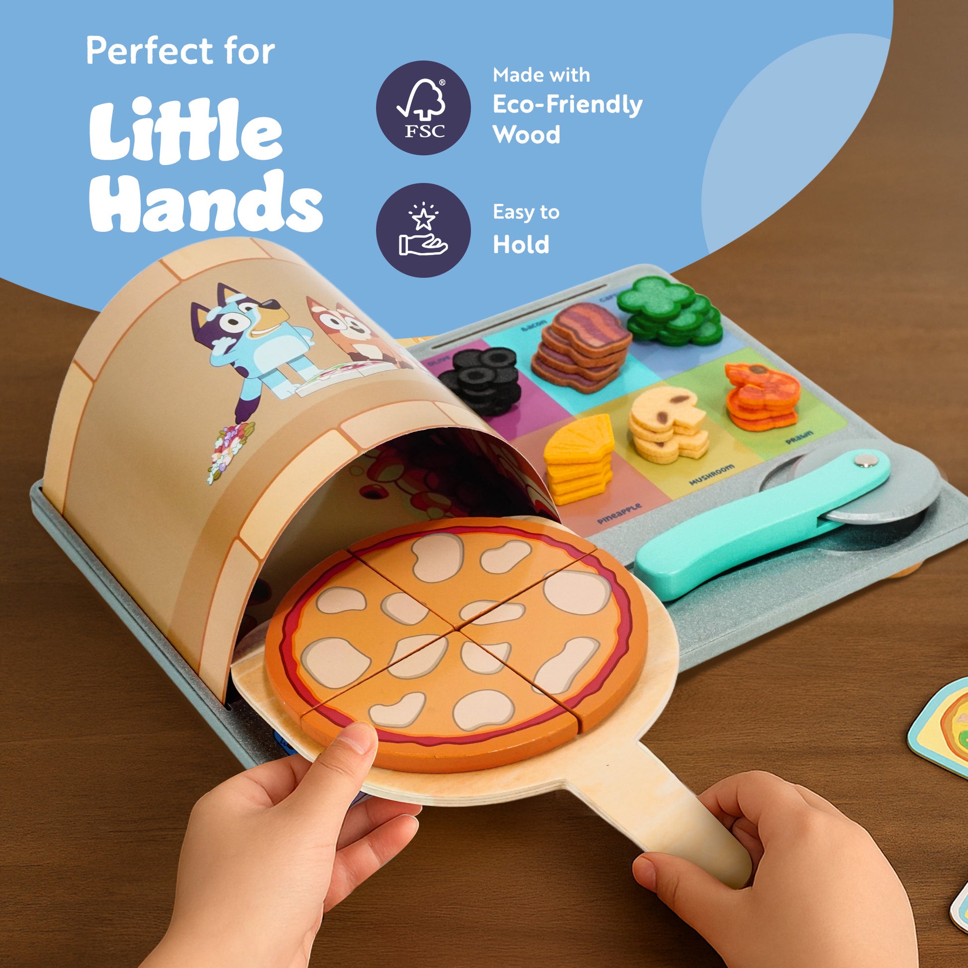 Bluey Pizza Girls Set – 35-Piece Pretend Play Food Set, Wooden Pizza Playset with Oven, Pizza Slices, Box, Cutter, Paddle, Order Cards, and Toppings, Pizza Girls Toy Set