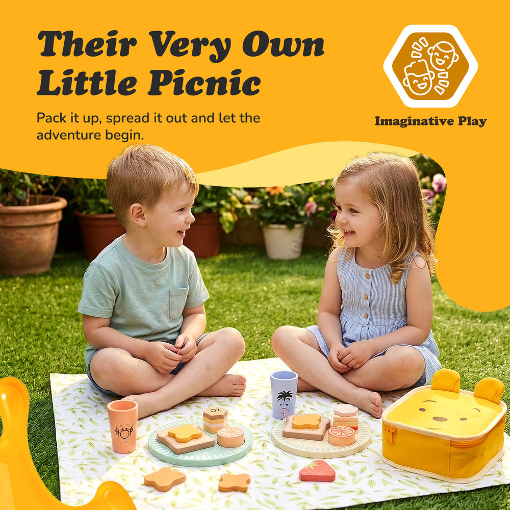 Wooden play food picnic set — toddler role play toy with Pooh Bear