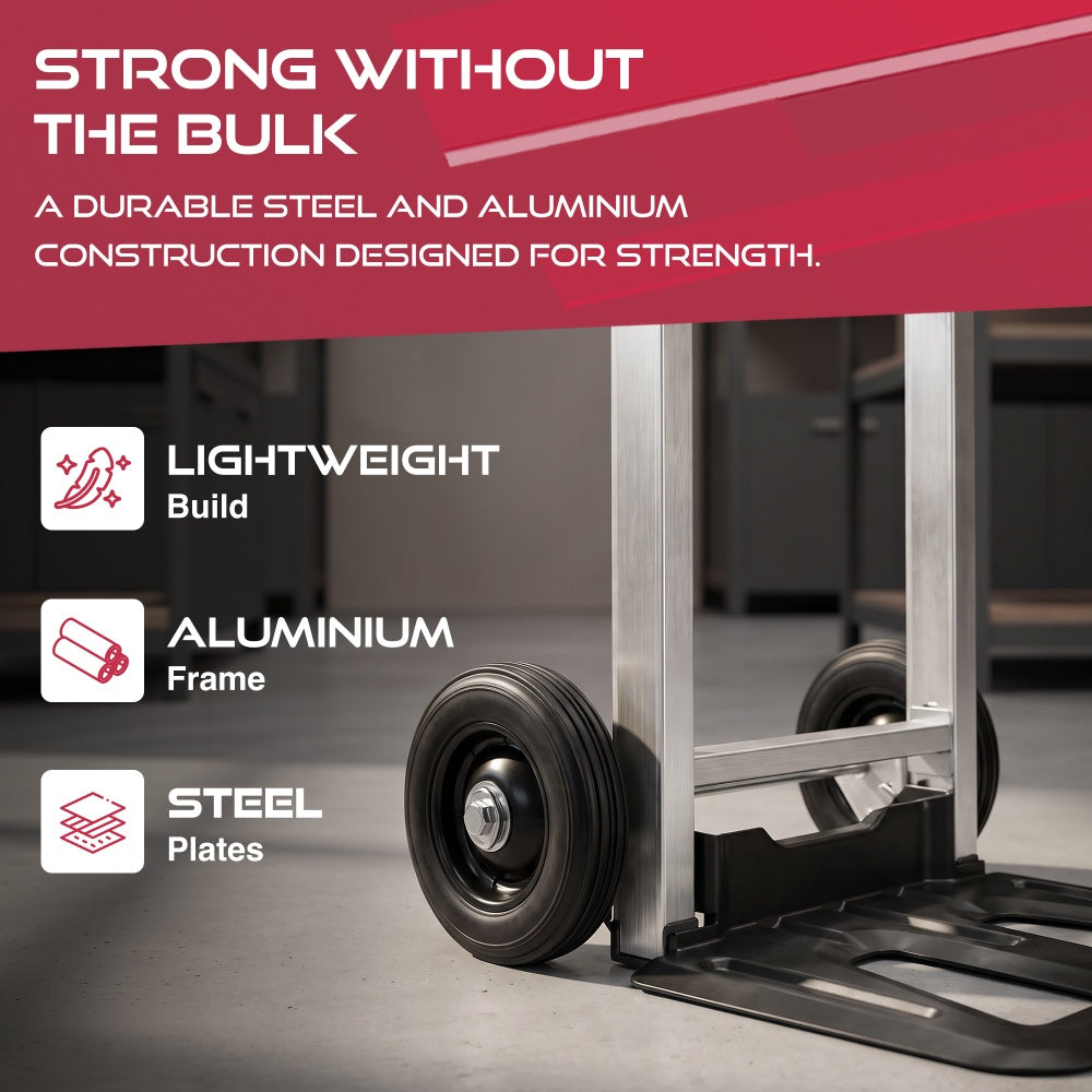 Close-up of the silver aluminium frame and black rubber wheel of the Haltons folding hand truck