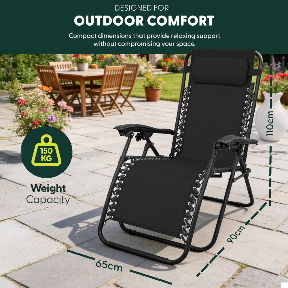 KEPLIN Set of 2 Heavy Duty Monocolour and Basic Textoline Zero Gravity Chairs for Garden Light Reclining Patio Sun loungers Easy to Clean Adjustable Head Rest Foldable with Cup & Phone Holder