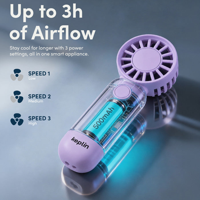 KEPLIN rechargeable fan 3 speed settings and 500mAh battery with up to 3 hours airflow