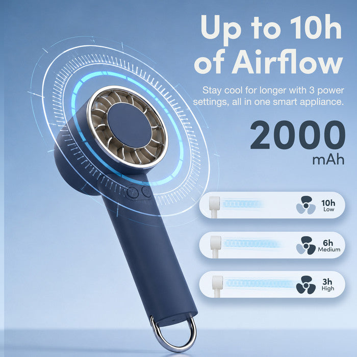 Handheld cooling fan 2000mAh battery runtime – 10h low, 6h medium, 3h high
