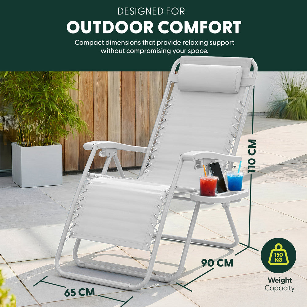 KEPLIN Set of 2 Heavy Duty Monocolour and Basic Textoline Zero Gravity Chairs for Garden Light Reclining Patio Sun loungers Easy to Clean Adjustable Head Rest Foldable with Cup & Phone Holder