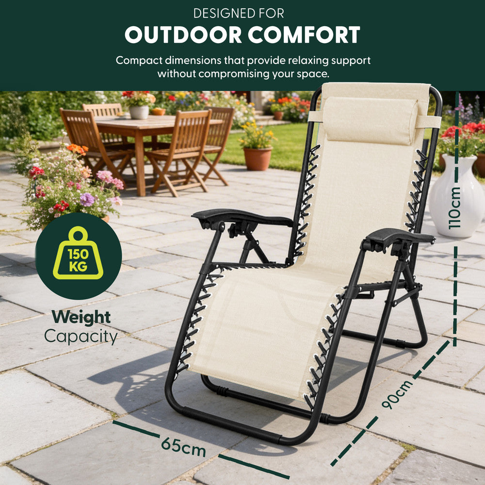 KEPLIN Set of 2 Heavy Duty Monocolour and Basic Textoline Zero Gravity Chairs for Garden Light Reclining Patio Sun loungers Easy to Clean Adjustable Head Rest Foldable with Cup & Phone Holder