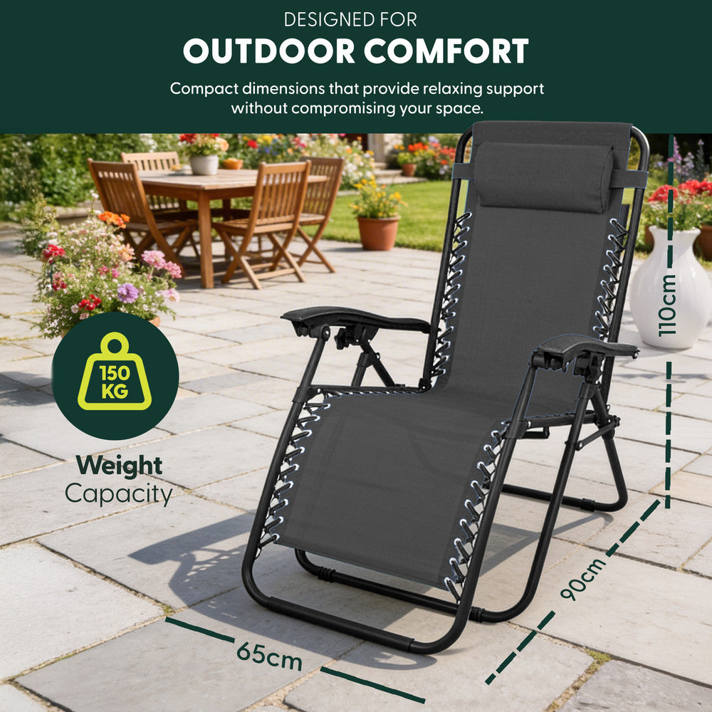 KEPLIN Set of 2 Heavy Duty Monocolour and Basic Textoline Zero Gravity Chairs for Garden Light Reclining Patio Sun loungers Easy to Clean Adjustable Head Rest Foldable with Cup & Phone Holder