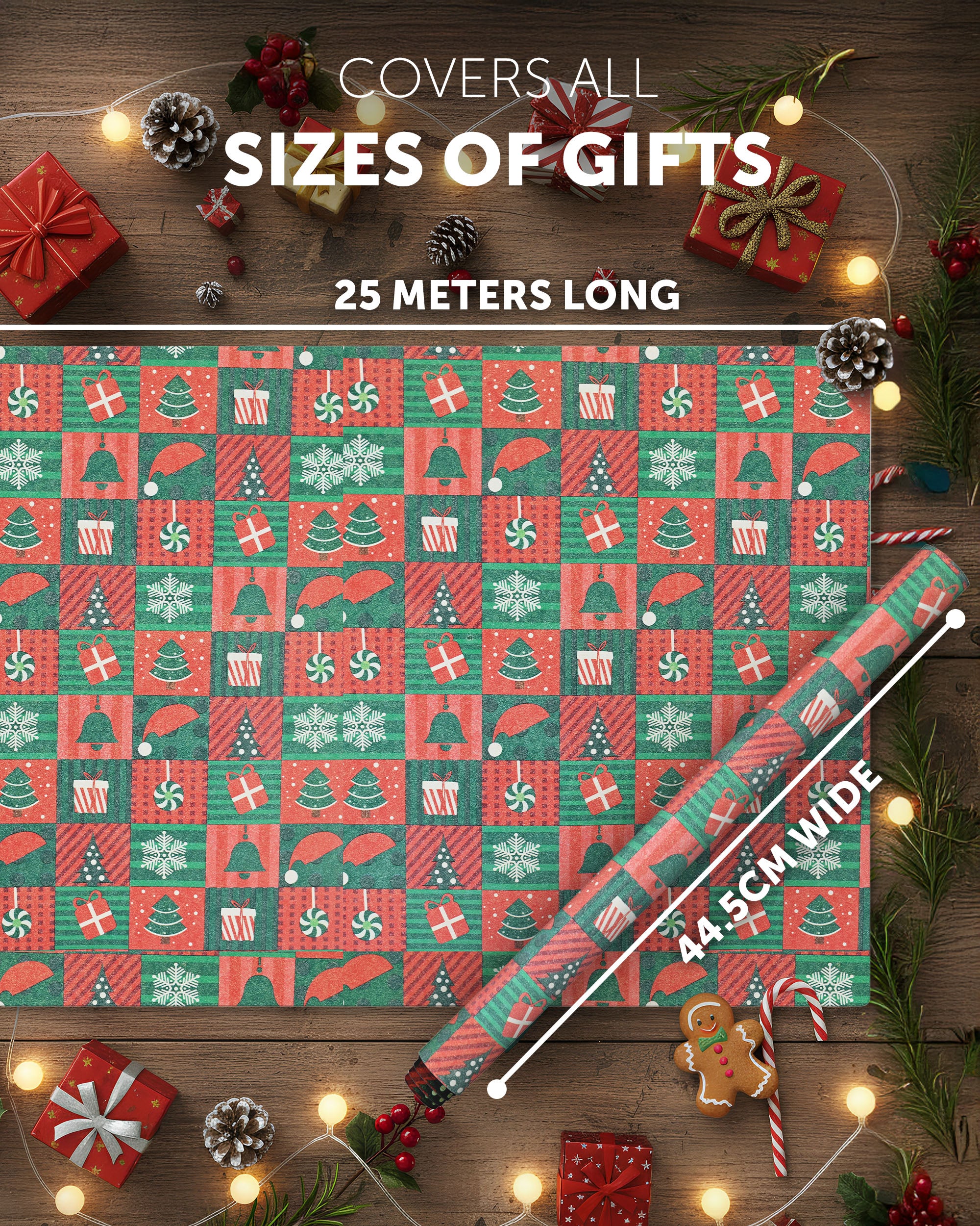 Kraft & Co 2 Pack Christmas Wrapping Paper Roll - Festive Designed Recyclable Kraft Paper, Perfect for Holiday Gifts, Arts & Crafts-Wrapping for a Merry Christmas (44.5cm x 25m)