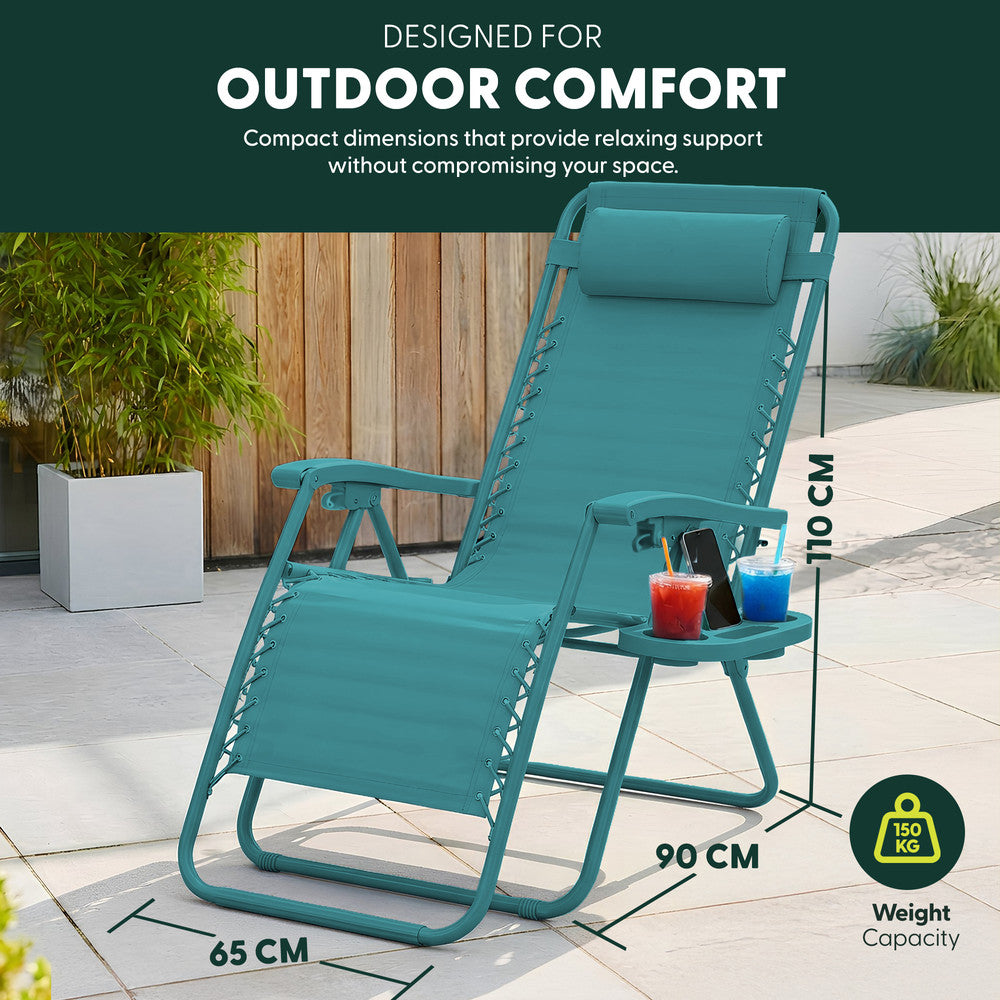 KEPLIN Set of 2 Heavy Duty Monocolour and Basic Textoline Zero Gravity Chairs for Garden Light Reclining Patio Sun loungers Easy to Clean Adjustable Head Rest Foldable with Cup & Phone Holder