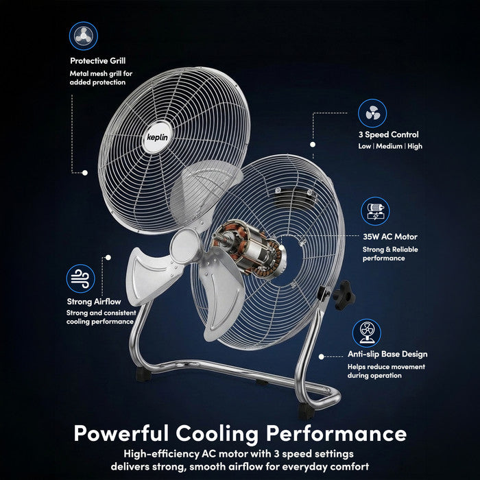 Chrome 12 inch floor fan 120W motor close-up