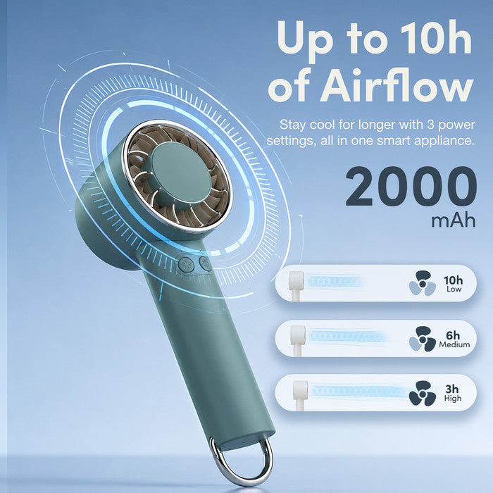 Handheld cooling fan 2000mAh battery runtime – 10h low, 6h medium, 3h high