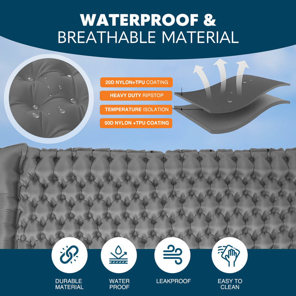 Grey double camping sleeping mat product shot – 40D nylon TPU inflatable pad for adventure camping