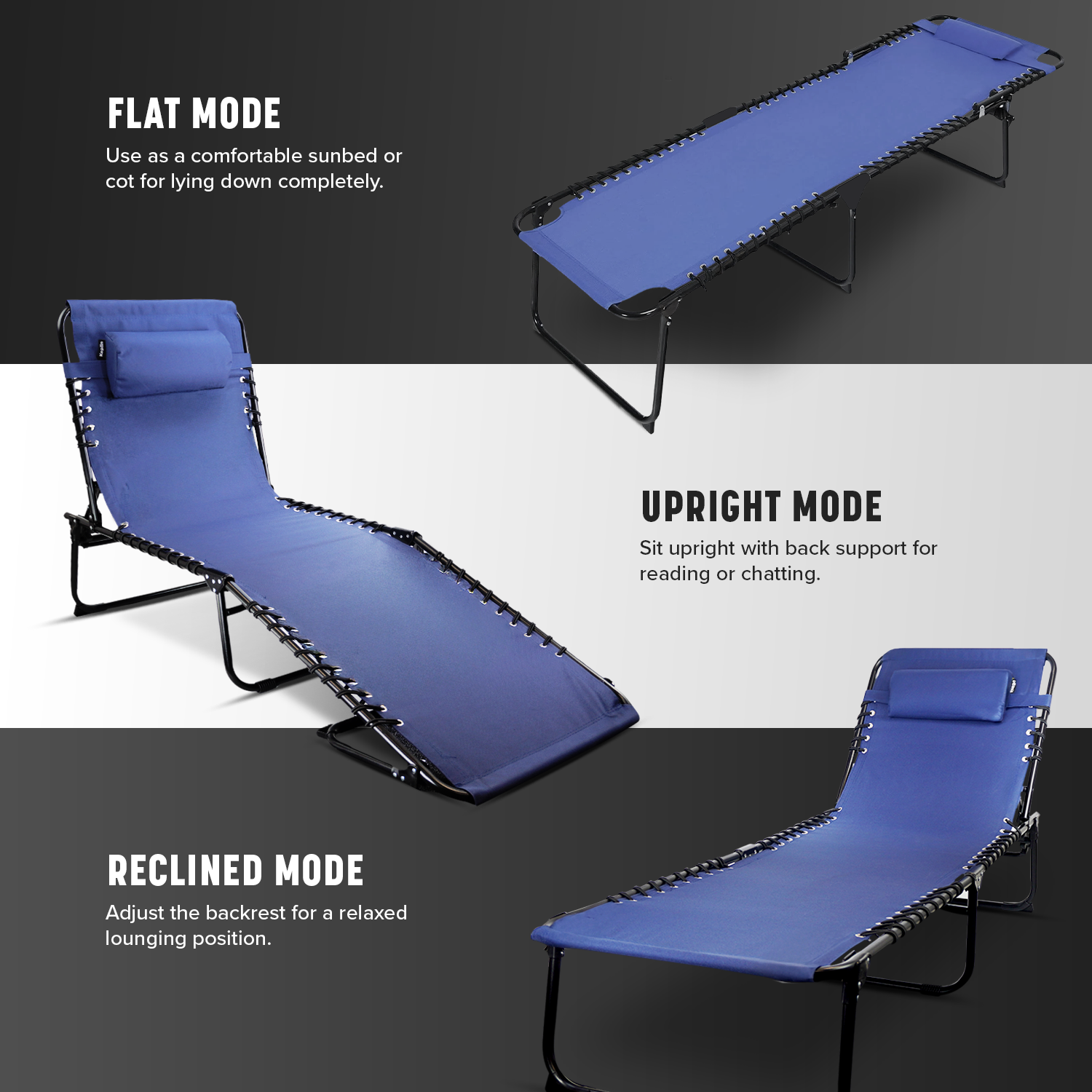 KEPLIN Foldable Recliner Sun Lounger - 600D Oxford Fabric - Adjustable Back and Leg Rests - Lightweight and Portable - Compact Space-Saving Design - Durable Outdoor Use - 190 x 65 x 30 cm