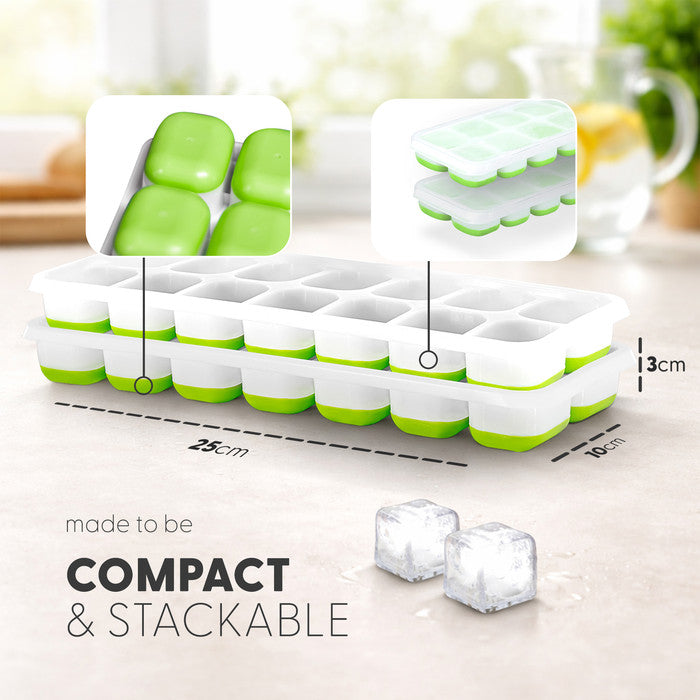 Green Keplin silicone ice cube tray compact and stackable design, 25cm x 10cm dimensions, spill-proof lid, BPA-free freezer mould