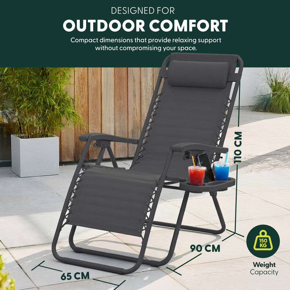 KEPLIN Set of 2 Heavy Duty Monocolour and Basic Textoline Zero Gravity Chairs for Garden Light Reclining Patio Sun loungers Easy to Clean Adjustable Head Rest Foldable with Cup & Phone Holder