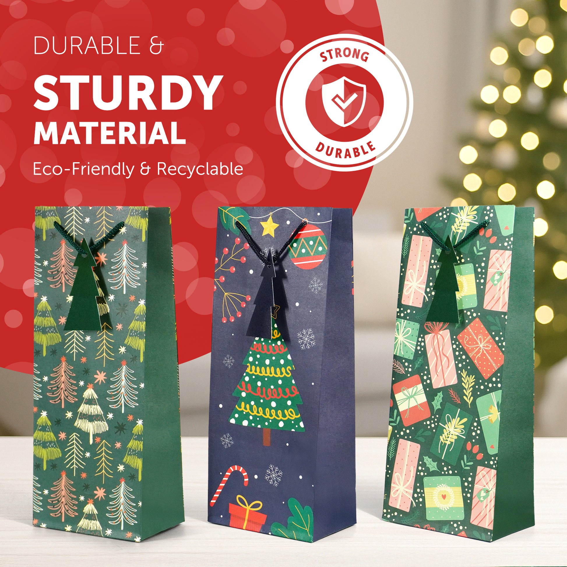 Kraft & Co - Christmas Wine Bottle Bag, 3 Festive Designs- Joy, Festive, Sparkle,  Pack of 3 – image 4