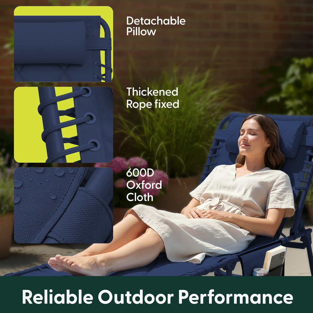 Navy Blue Padded Garden Sun Lounger Side View – 600D Oxford Foldable Outdoor Lounger