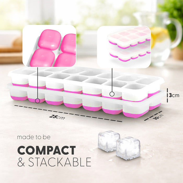 Pink Keplin silicone ice cube tray compact and stackable design, 25cm x 10cm dimensions, spill-proof lid, BPA-free freezer mould
