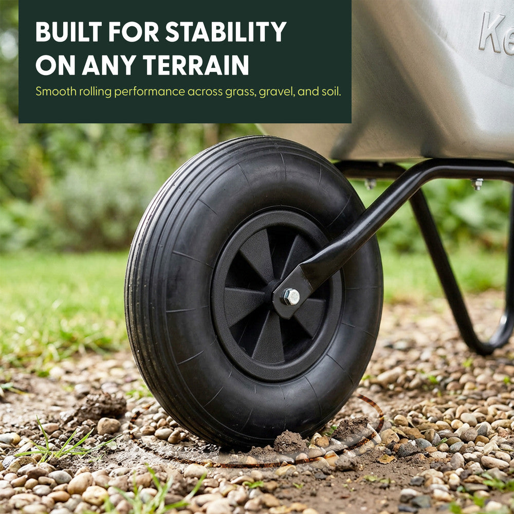 Steel garden wheelbarrow with pneumatic tyre – smooth rolling across grass, gravel and uneven surface