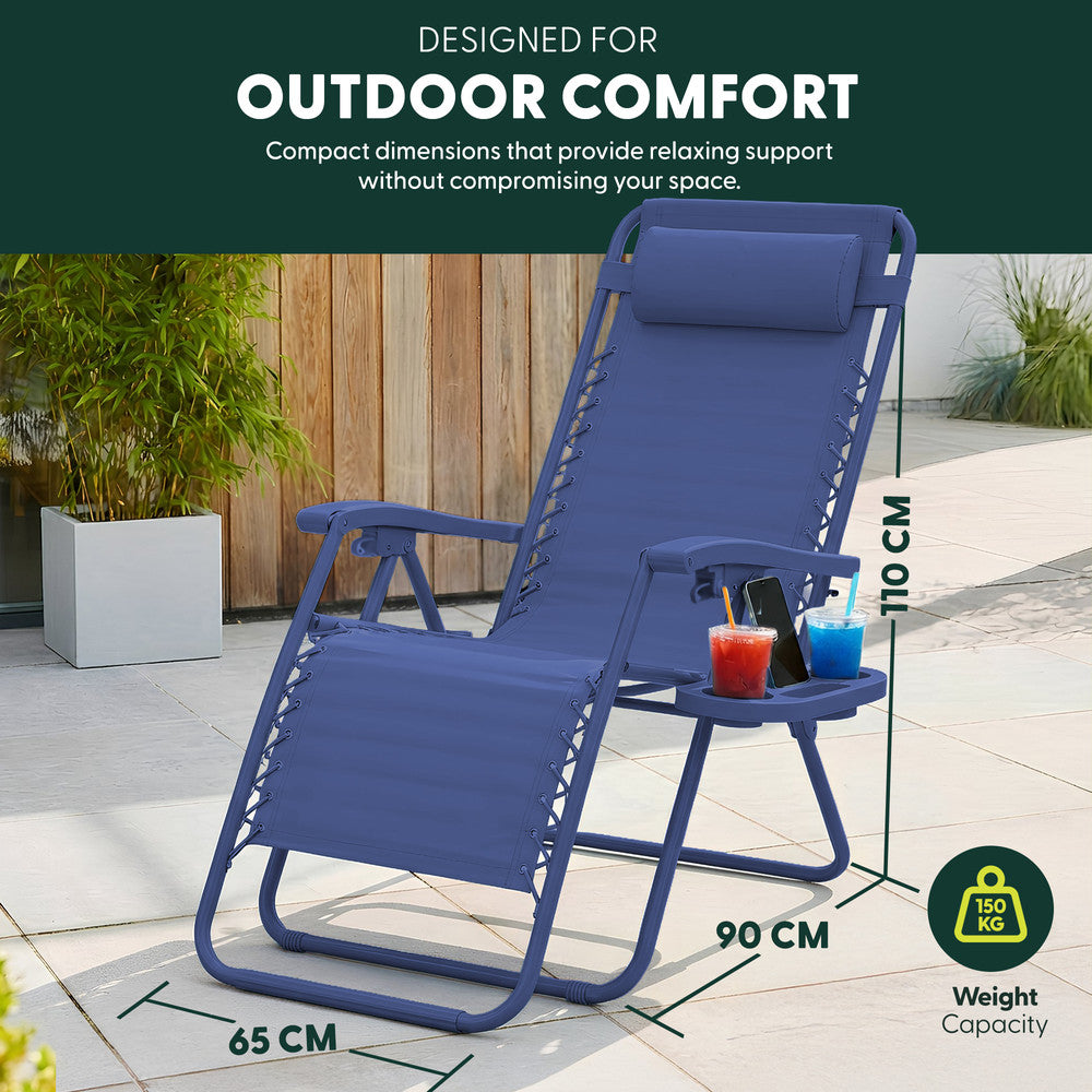 KEPLIN Set of 2 Heavy Duty Monocolour and Basic Textoline Zero Gravity Chairs for Garden Light Reclining Patio Sun loungers Easy to Clean Adjustable Head Rest Foldable with Cup & Phone Holder