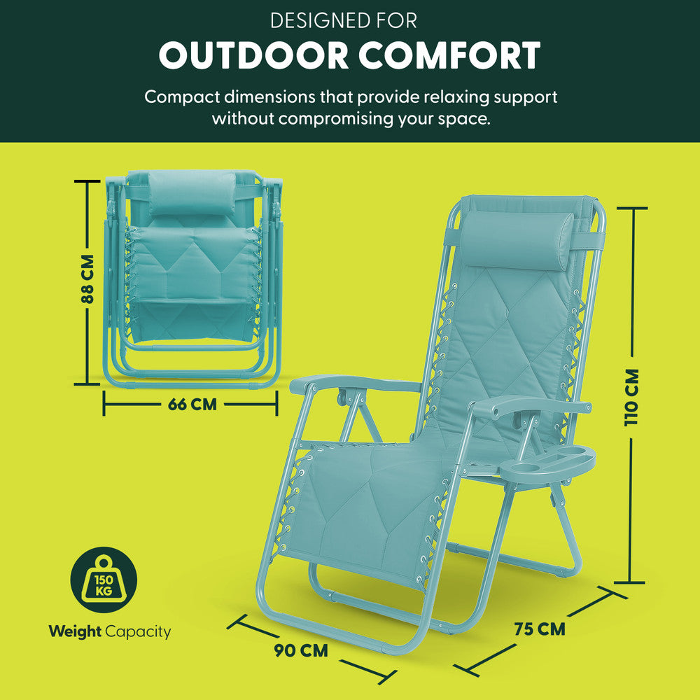 KEPLIN Set of 2 XXL Premium Heavy Duty Quilted Zero Gravity Chairs - Luxurious Garden Recliners, Adjustable Headrest, Cup & Phone Holder, Foldable, Easy to Clean Patio Sun Loungers