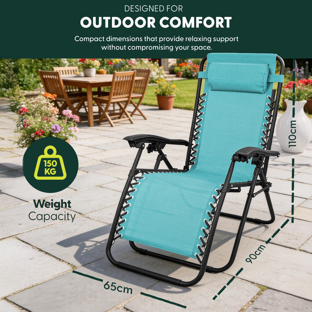 KEPLIN Set of 2 Heavy Duty Monocolour and Basic Textoline Zero Gravity Chairs for Garden Light Reclining Patio Sun loungers Easy to Clean Adjustable Head Rest Foldable with Cup & Phone Holder