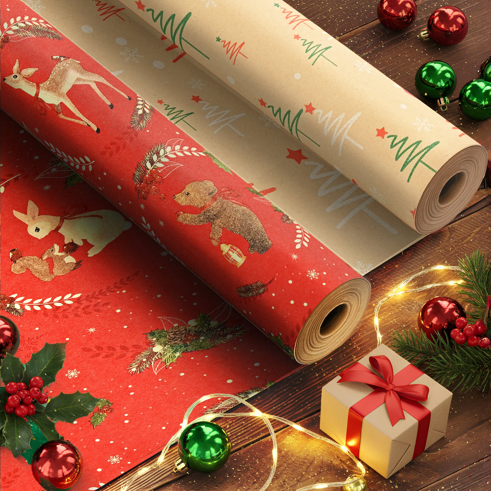 Kraft & Co 2 Pack Christmas Wrapping Paper Roll - Festive Designed Recyclable Kraft Paper, Perfect for Holiday Gifts, Arts & Crafts-Wrapping for a Merry Christmas (44.5cm x 25m)