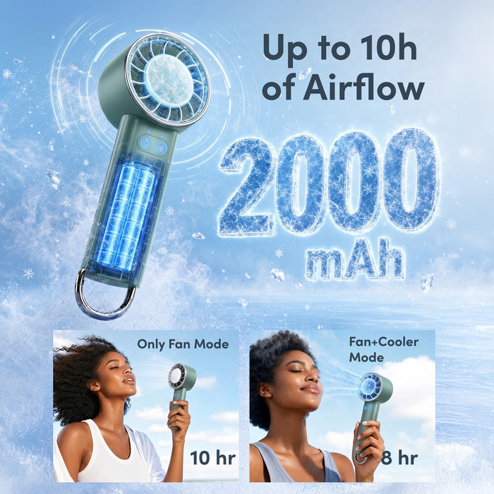 Handheld cooling fan 2000mAh battery runtime – 10h Fan Mode, 8h Fan+Cooler Mode