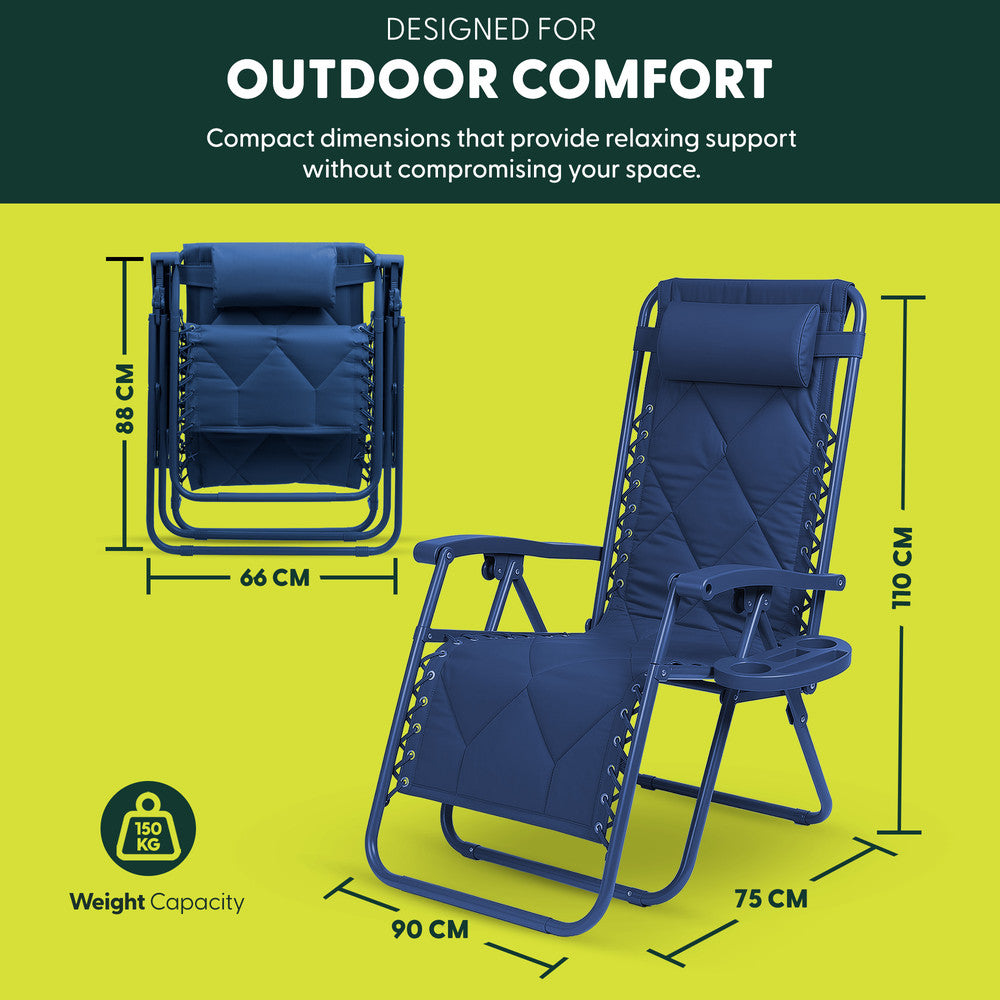 KEPLIN Set of 2 XXL Premium Heavy Duty Quilted Zero Gravity Chairs - Luxurious Garden Recliners, Adjustable Headrest, Cup & Phone Holder, Foldable, Easy to Clean Patio Sun Loungers