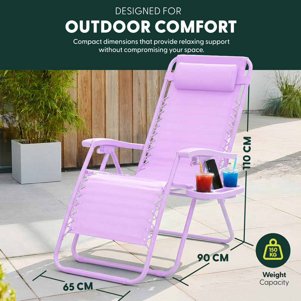 KEPLIN Set of 2 Heavy Duty Monocolour and Basic Textoline Zero Gravity Chairs for Garden Light Reclining Patio Sun loungers Easy to Clean Adjustable Head Rest Foldable with Cup & Phone Holder