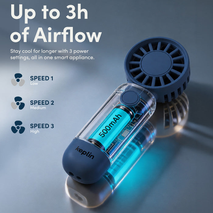 KEPLIN rechargeable fan 3 speed settings and 500mAh battery with up to 3 hours airflow