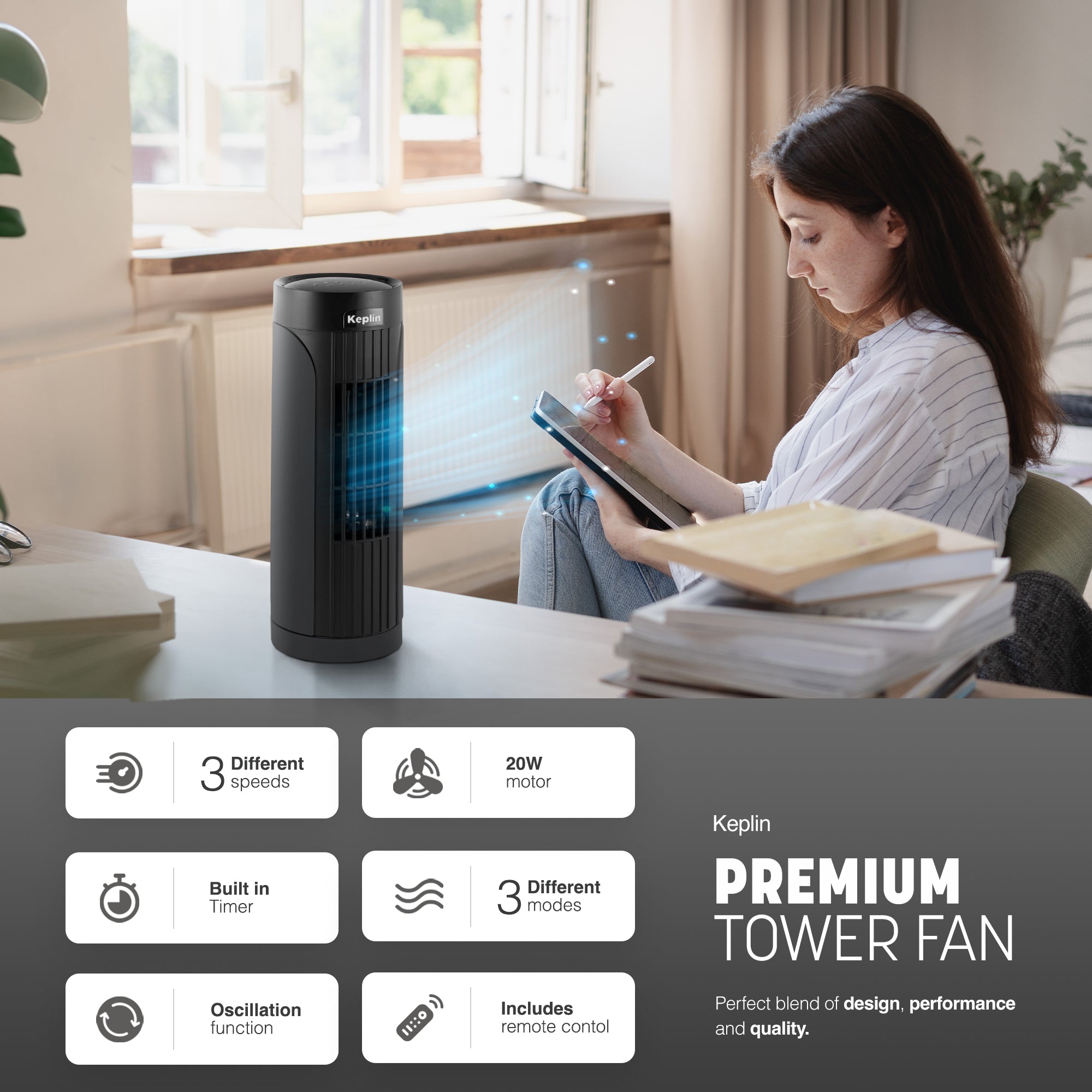 13 inch Mini Tower Fan with Remote - Effortless Cooling Control, Super silent & Wide Rotation & Touch Panel - 3 Speed & 3 Mode Setting