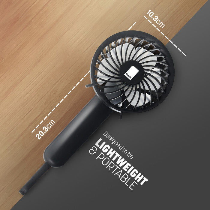 Keplin black portable fan dimensions showing 20.3cm length and 10.3cm width, lightweight and compact design