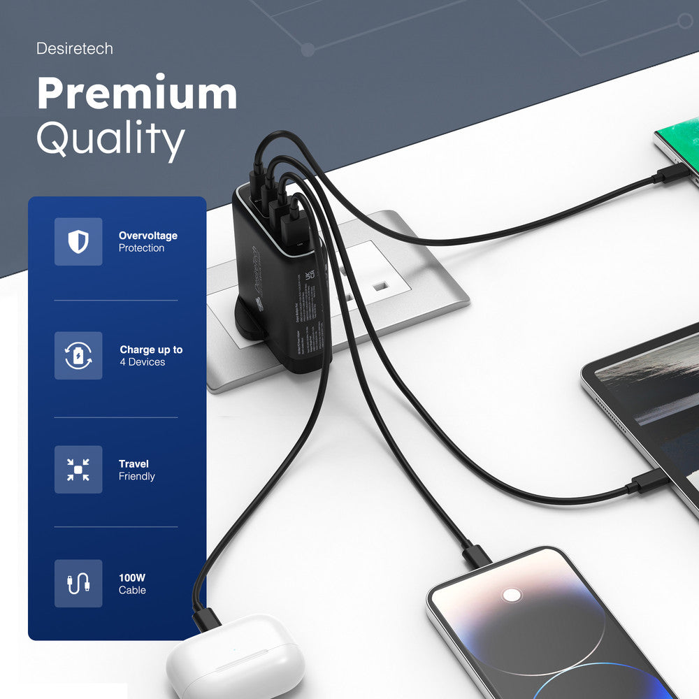 Desiretech 100W USB-C Charger with Cable & Pouch – Fast Charging 4-Port Adapter for MacBooks, iPhone 15, iPad, Samsung S Series, Google Pixel, Sony – image 3