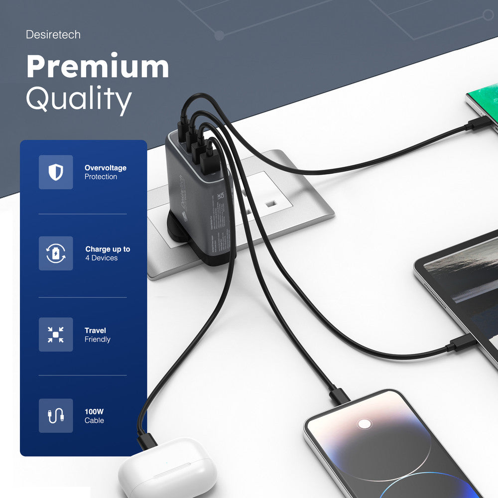 Desiretech 100W USB-C Charger with Cable & Pouch – Fast Charging 4-Port Adapter for MacBooks, iPhone 15, iPad, Samsung S Series, Google Pixel, Sony – image 13