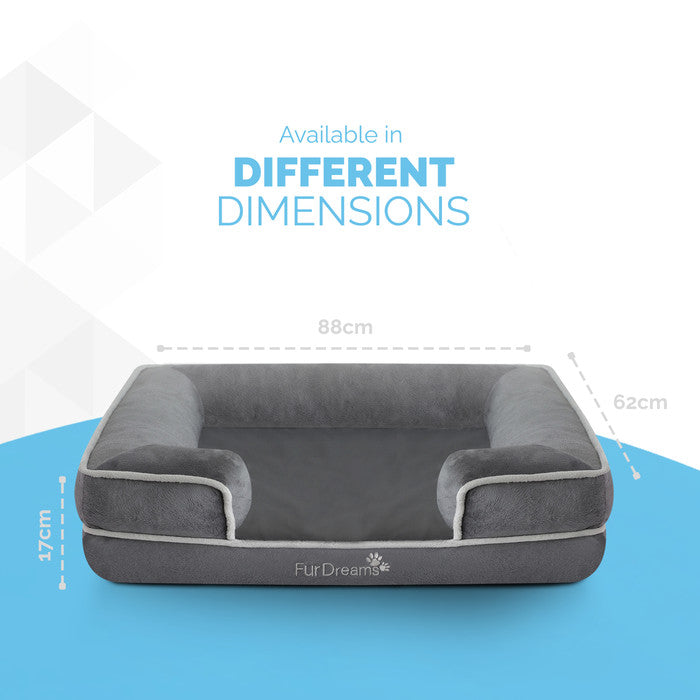 FurDreams Luxury Pet Sofa Bed – Extra Padded Orthopedic Memory Foam Mattress with Non-Slip Base, Removable Washable Flannel Cover – Plush Grey Design (70x57x17cm)