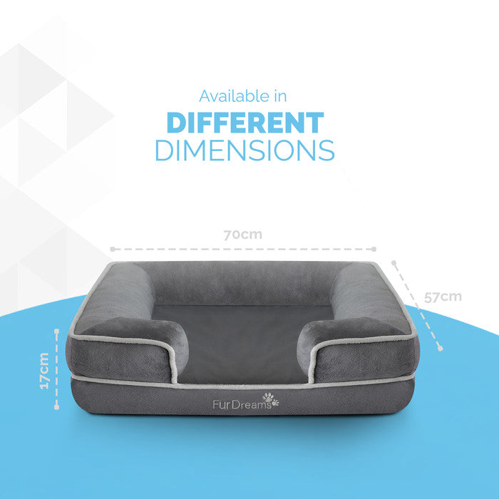 FurDreams Luxury Pet Sofa Bed – Extra Padded Orthopedic Memory Foam Mattress with Non-Slip Base, Removable Washable Flannel Cover – Plush Grey Design (70x57x17cm)