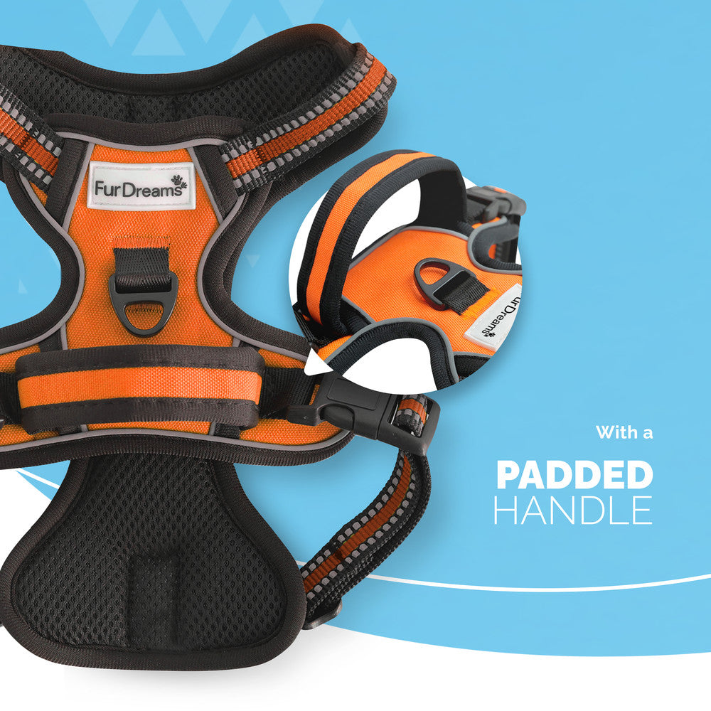 FurDreams Secure Padded Dog Harness – Comfortable No-Choke Vest with Reflective Strips, Non-Restrictive Fit, 4 Adjustable Straps, and Easy Clip-On Design