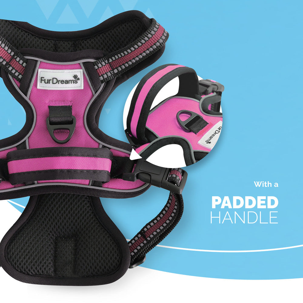 FurDreams Secure Padded Dog Harness – Comfortable No-Choke Vest with Reflective Strips, Non-Restrictive Fit, 4 Adjustable Straps, and Easy Clip-On Design