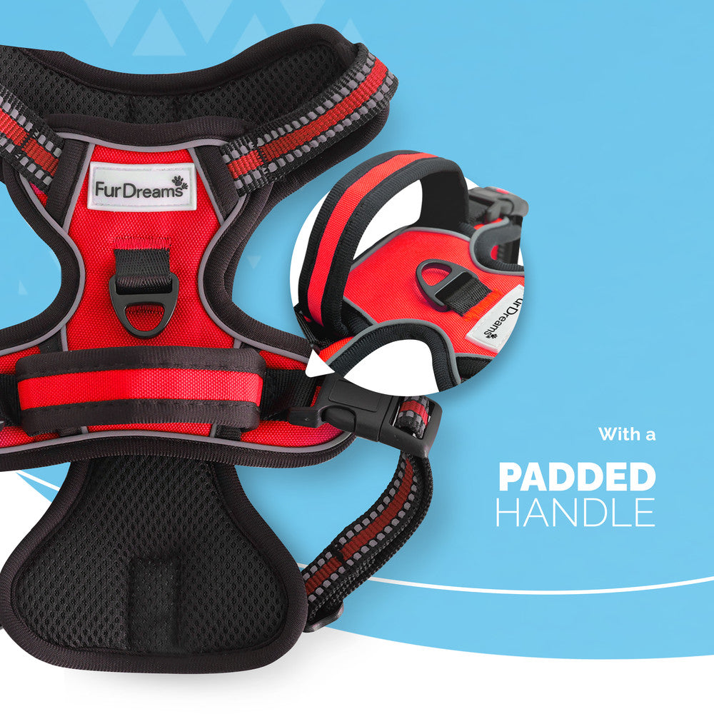 FurDreams Secure Padded Dog Harness – Comfortable No-Choke Vest with Reflective Strips, Non-Restrictive Fit, 4 Adjustable Straps, and Easy Clip-On Design