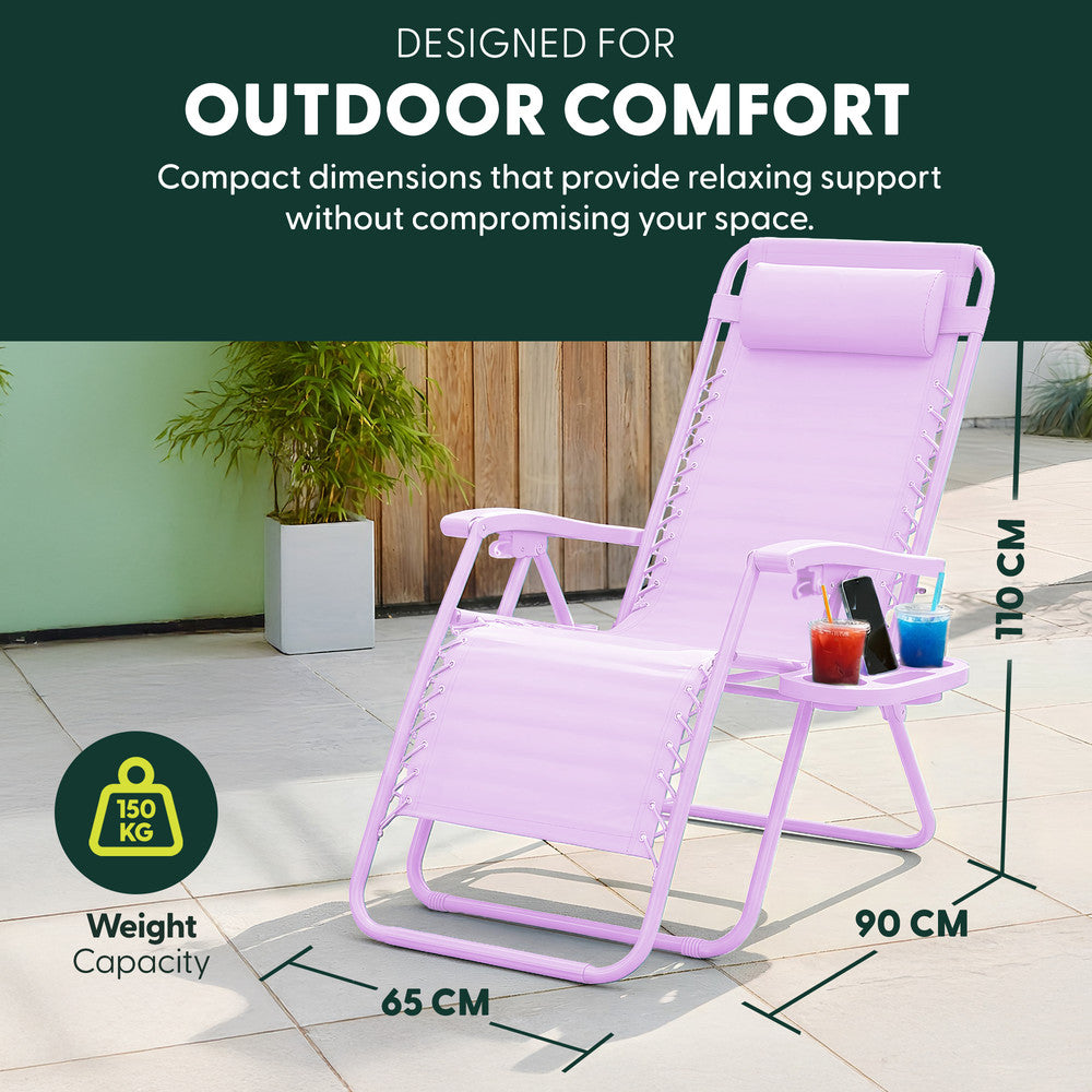 KEPLIN Set of 2 Heavy Duty Monocolour and Basic Textoline Zero Gravity Chairs for Garden Light Reclining Patio Sun loungers Easy to Clean Adjustable Head Rest Foldable with Cup & Phone Holder