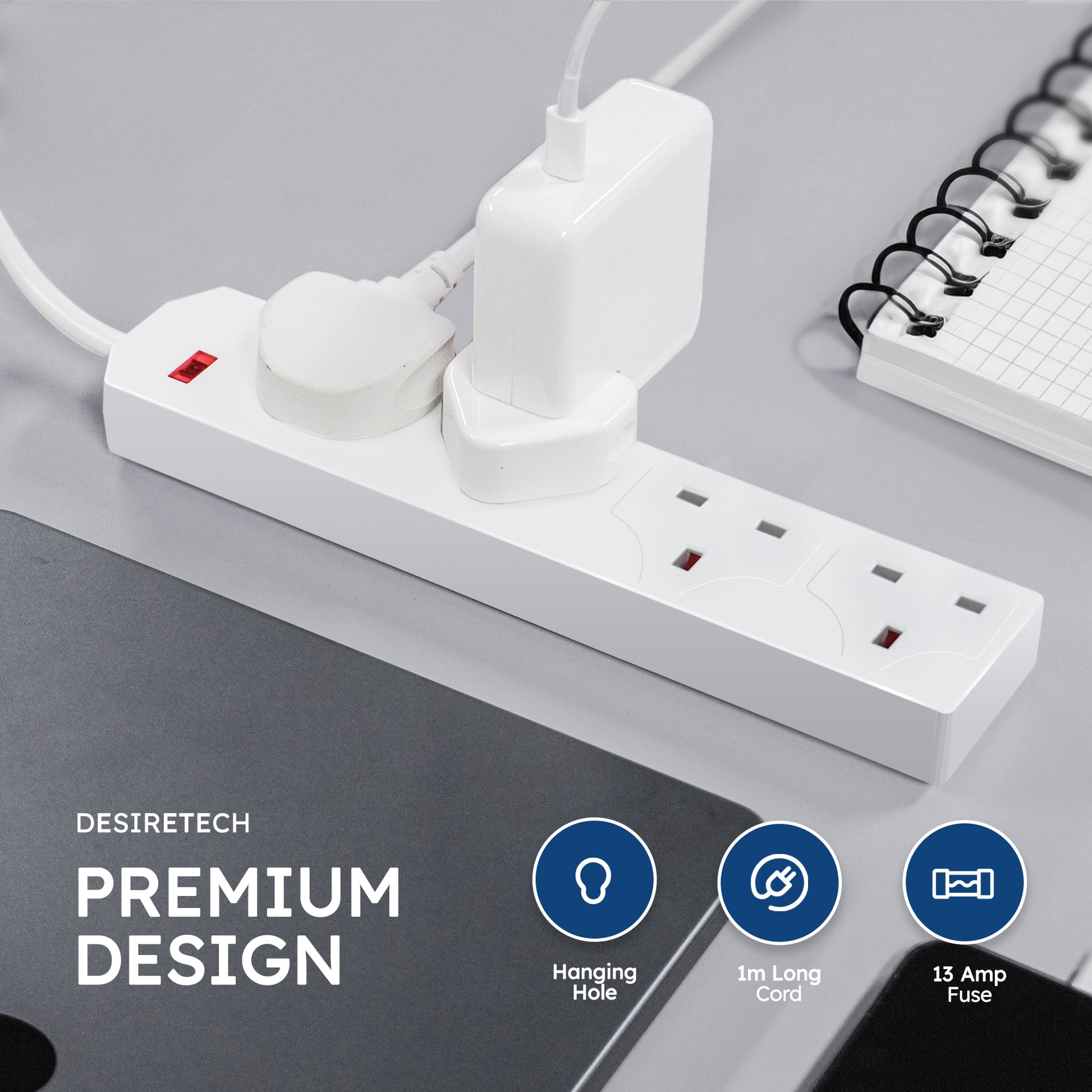 Desiretech Electric Extension Lead - 4 Gang, UK Plug & 3 Pin Socket - Wall Mountable & Multi Socket Mains Strip for Home, Bedroom, Kitchen, & Office (1 Pack)